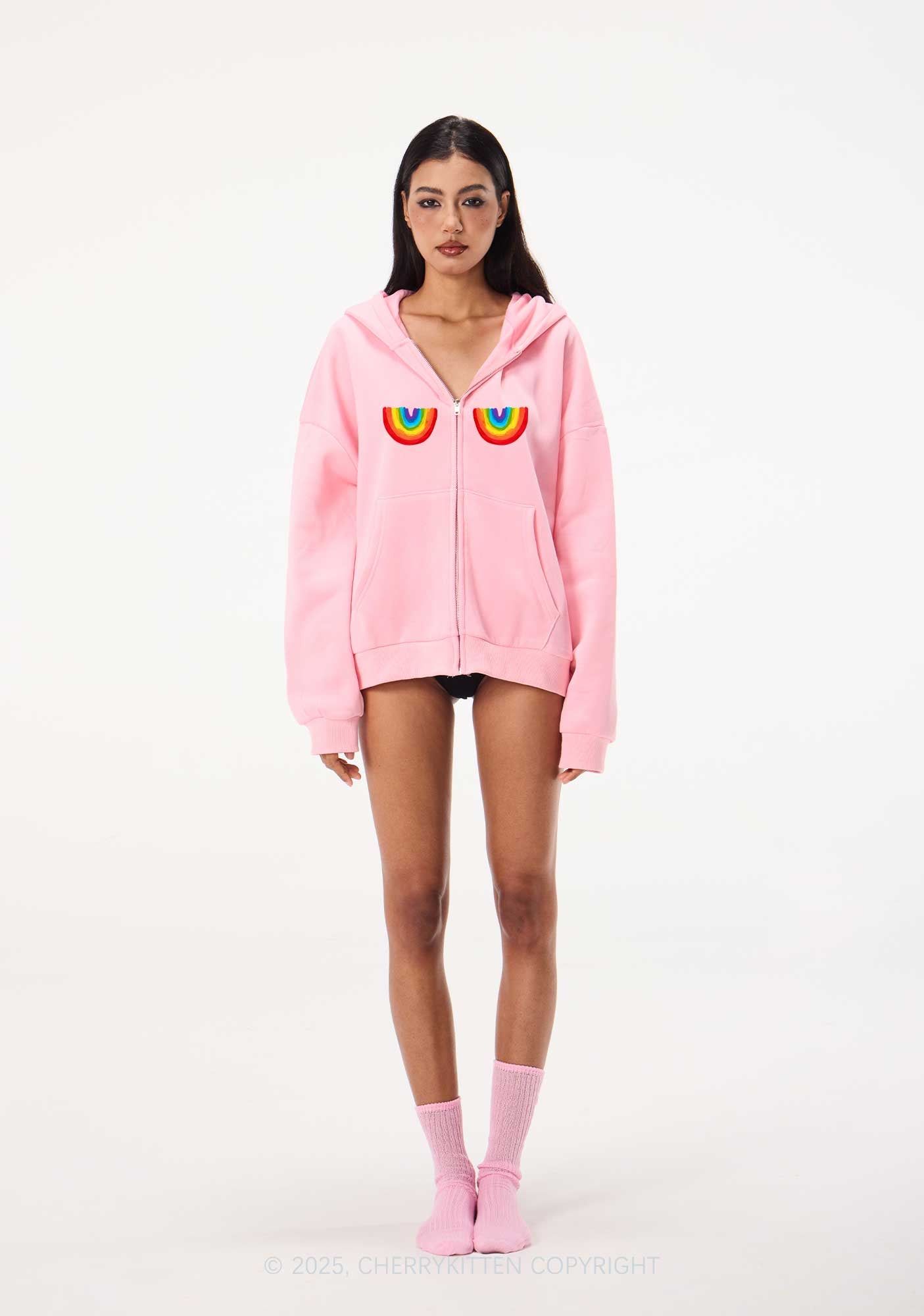 I Just Look Straight Y2K Bunny Ear Zip Hoodie Cherrykitten