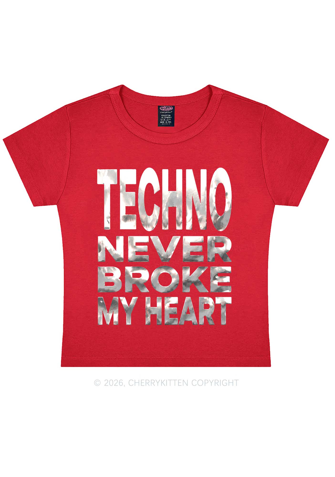Techno Broke Heart Silver Foil Printed Y2K Baby Tee Cherrykitten