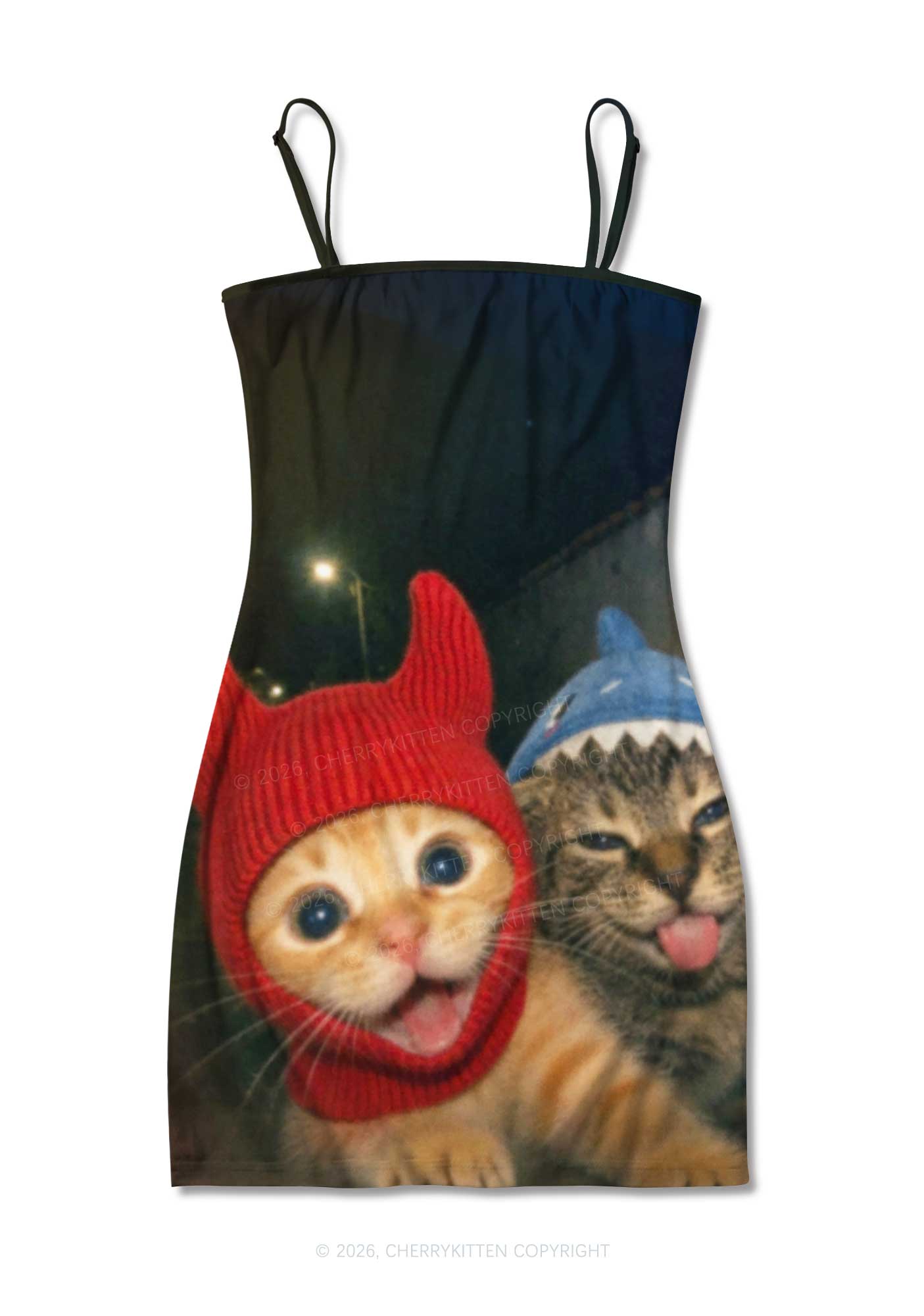 Halloween Devil Shark Hat Cat Y2K Print Slip Dress Cherrykitten
