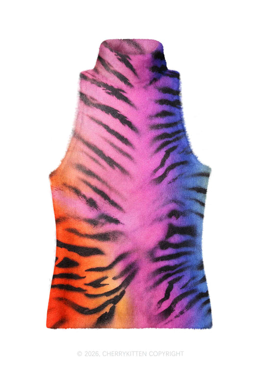 Rainbow Gradient Tiger Stripe Y2K Knit Turtleneck Tank Top Cherrykitten