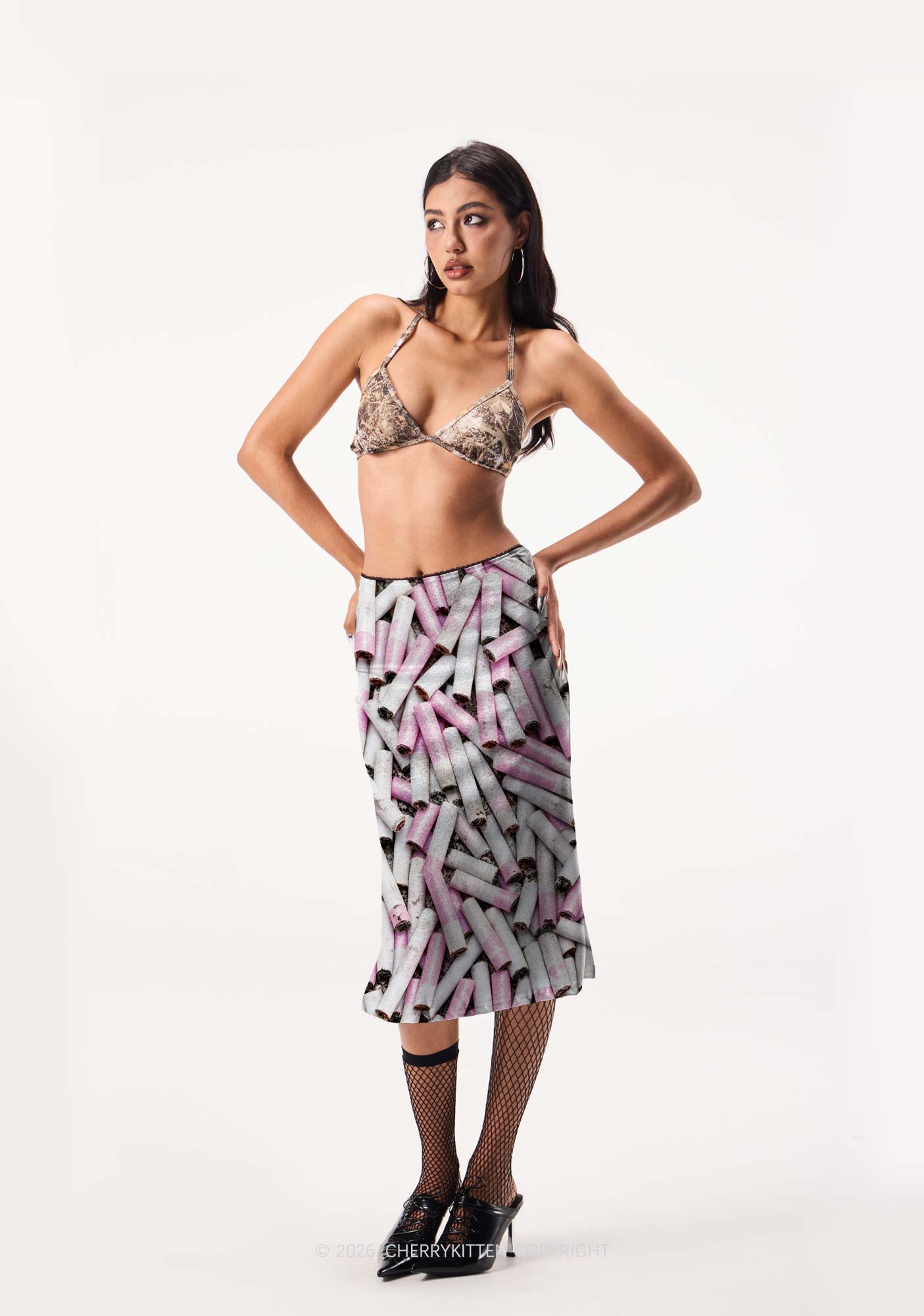 Pink White Cigarette Y2K Print Midi Skirt Cherrykitten