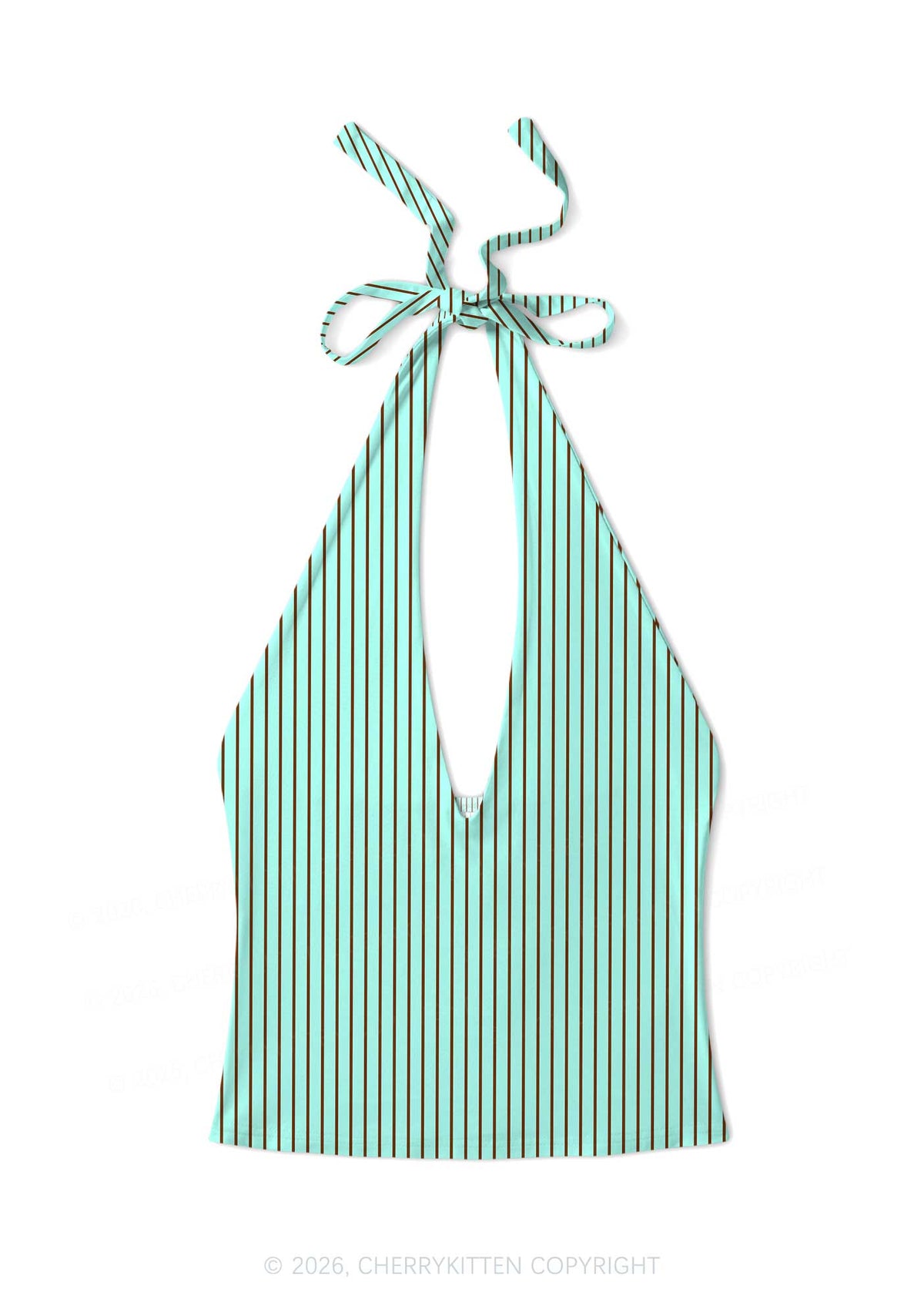 Mint Brown Stripes Y2K Print Halter Deep V Neck Cami Cherrykitten