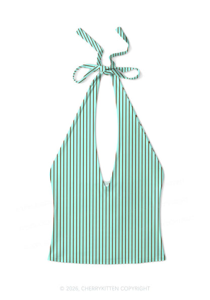 Mint Brown Stripes Y2K Print Halter Deep V Neck Cami Cherrykitten