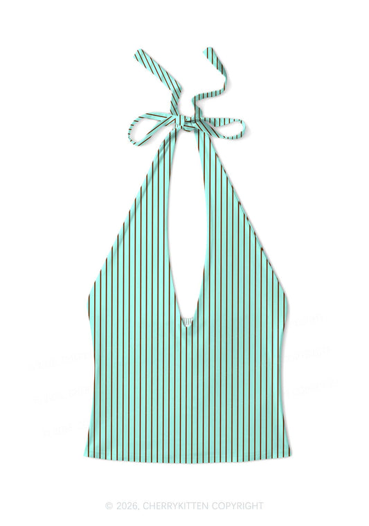 Mint Brown Stripes Y2K Print Halter Deep V Neck Cami Cherrykitten
