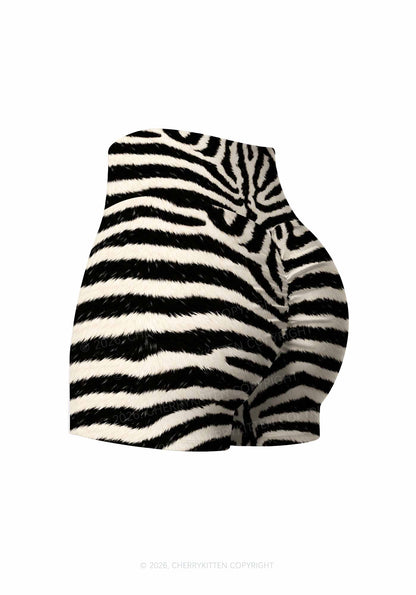 Black And White Zebra Striped Y2K Print Gym Shorts Cherrykitten