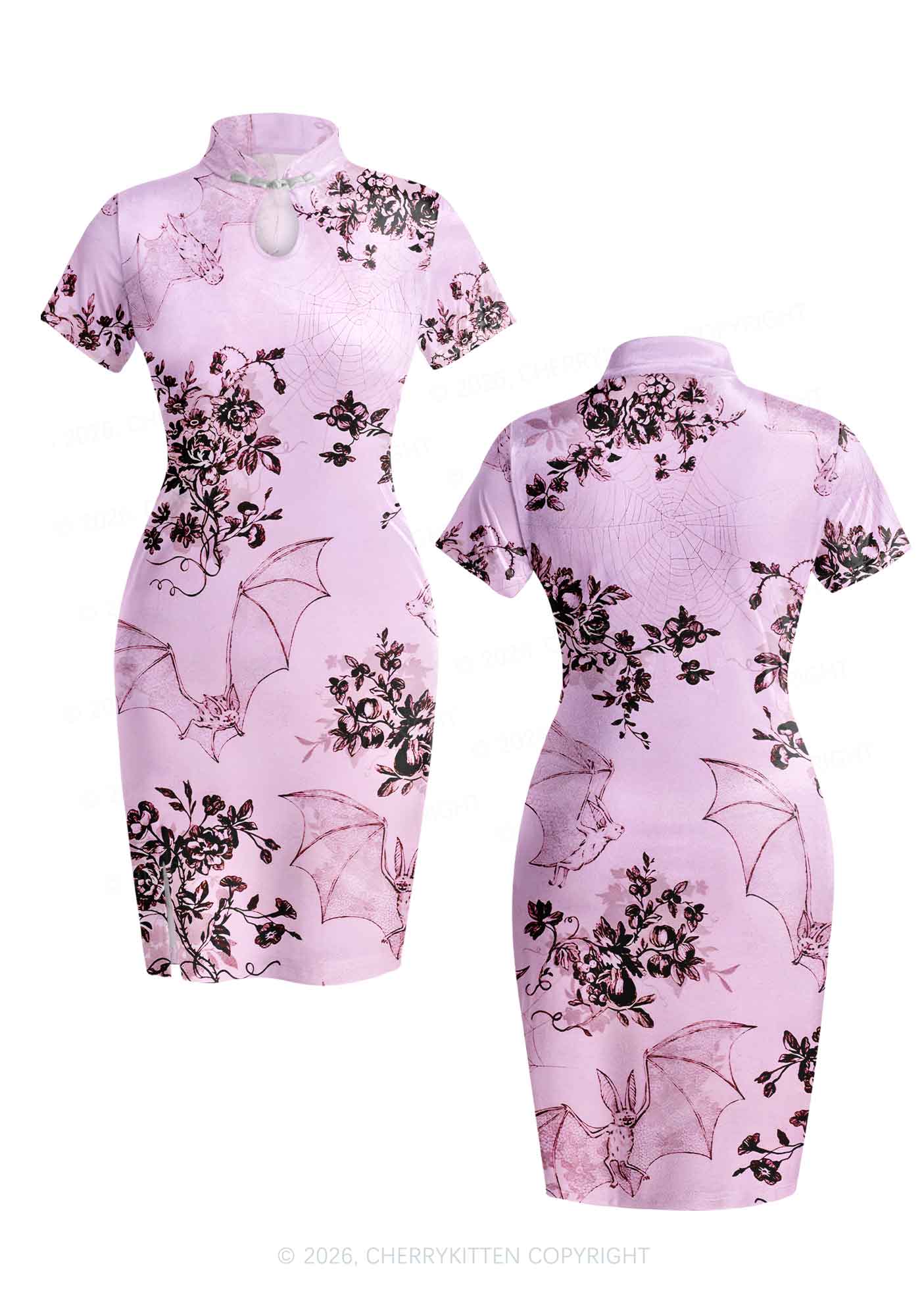 Pink Bat Y2K Cheongsam Mini Dress Cherrykitten