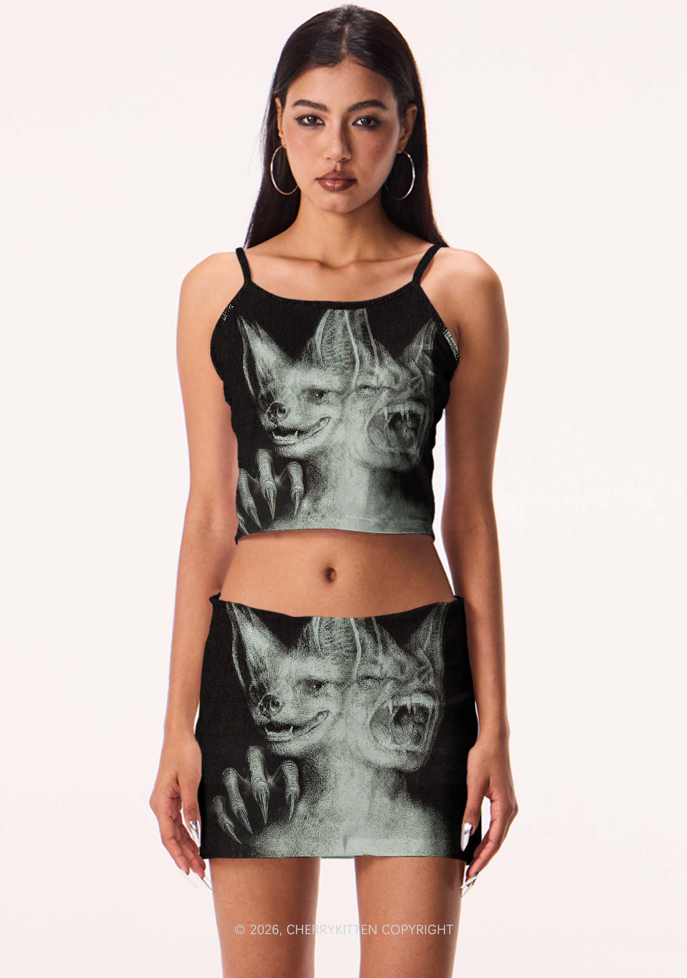 Halloween Two Head Monster Y2K Print Mini Skirt Cherrykitten