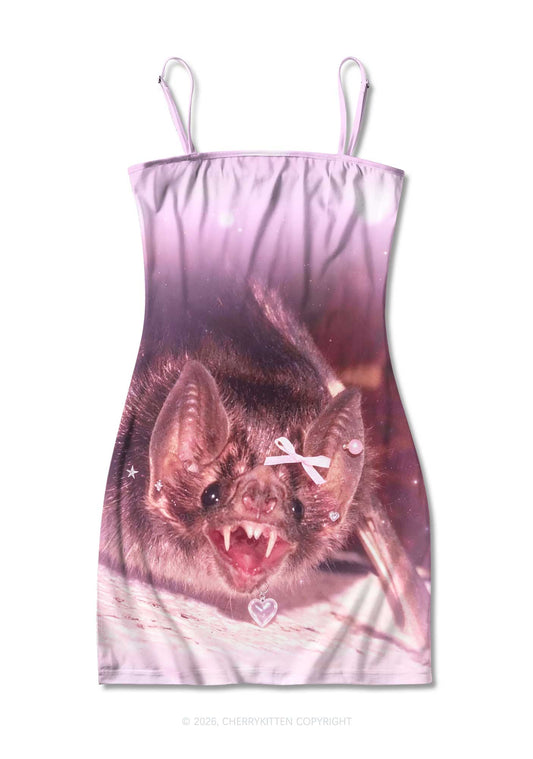 Halloween Pink Bow Bat Y2K Print Slip Dress Cherrykitten