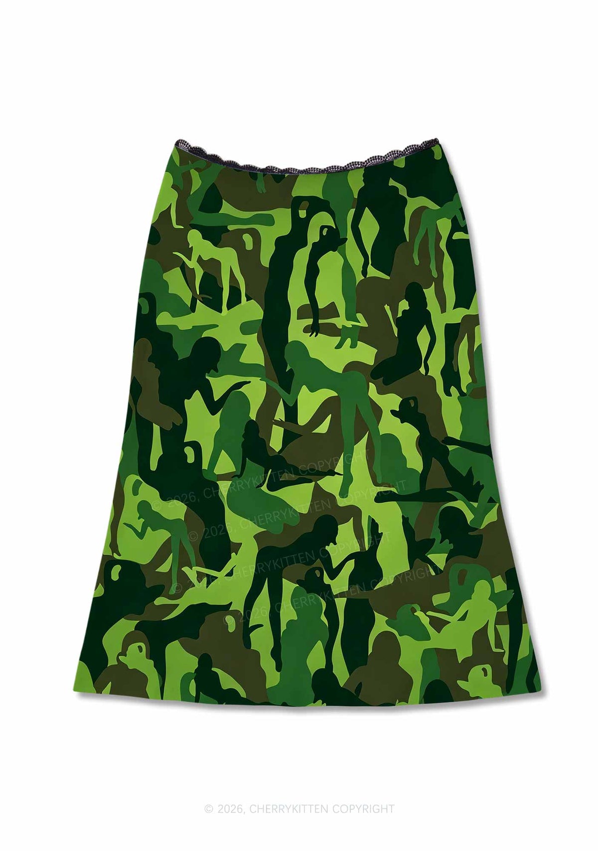 Green Camo Women Figure Y2K Print Midi Skirt Cherrykitten