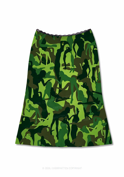 Green Camo Women Figure Y2K Print Midi Skirt Cherrykitten