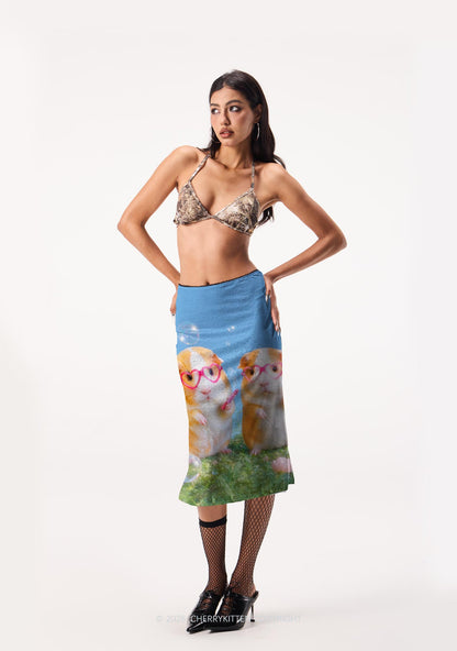 Two Smoking Guinea Pigs Y2K Print Midi Skirt Cherrykitten