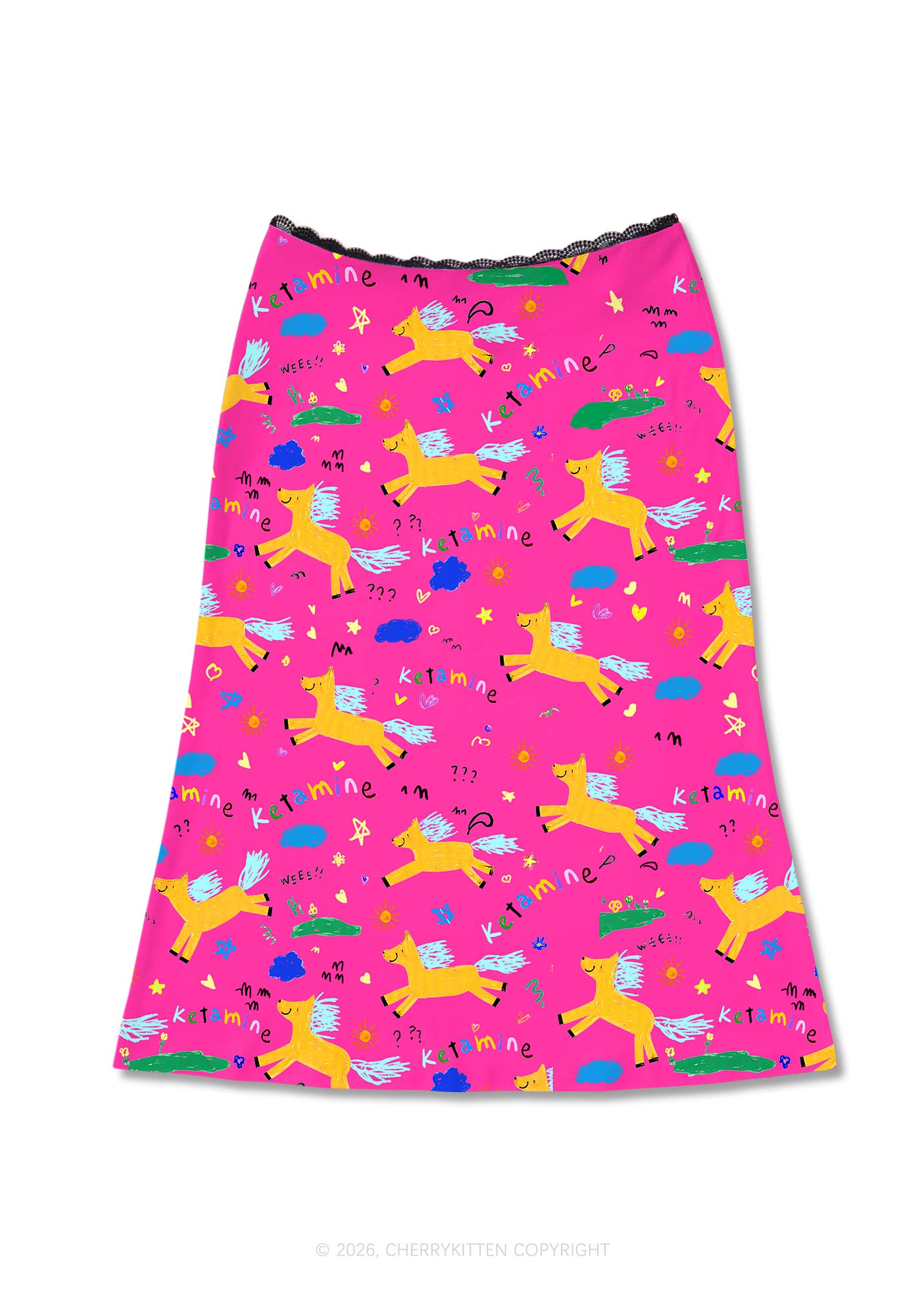Orange Pony On Hot Pink Y2K Print Midi Skirt Cherrykitten