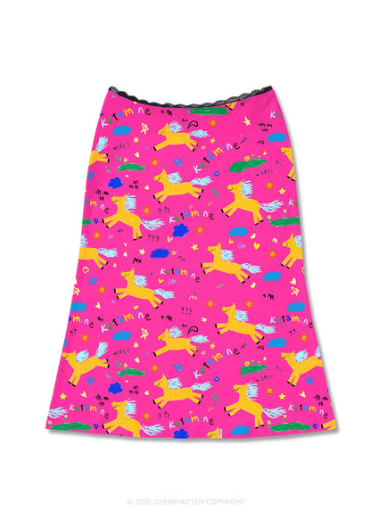 Orange Pony On Hot Pink Y2K Print Midi Skirt Cherrykitten