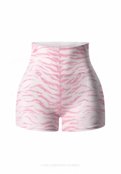 Pink Tiger Stripe Y2K Print Gym Shorts Cherrykitten