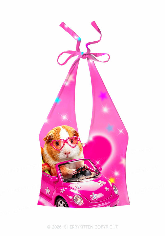 Pink Car Guinea Pig Y2K Print Halter Deep V Neck Cami Cherrykitten