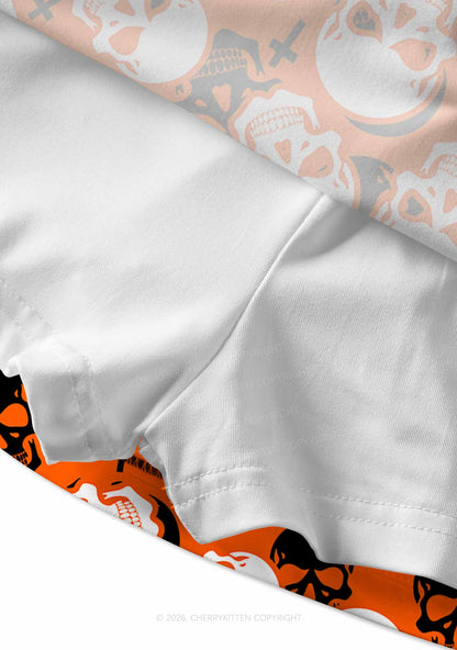 Halloween Orange Skull Cross Y2K Print Mini Skirt Cherrykitten