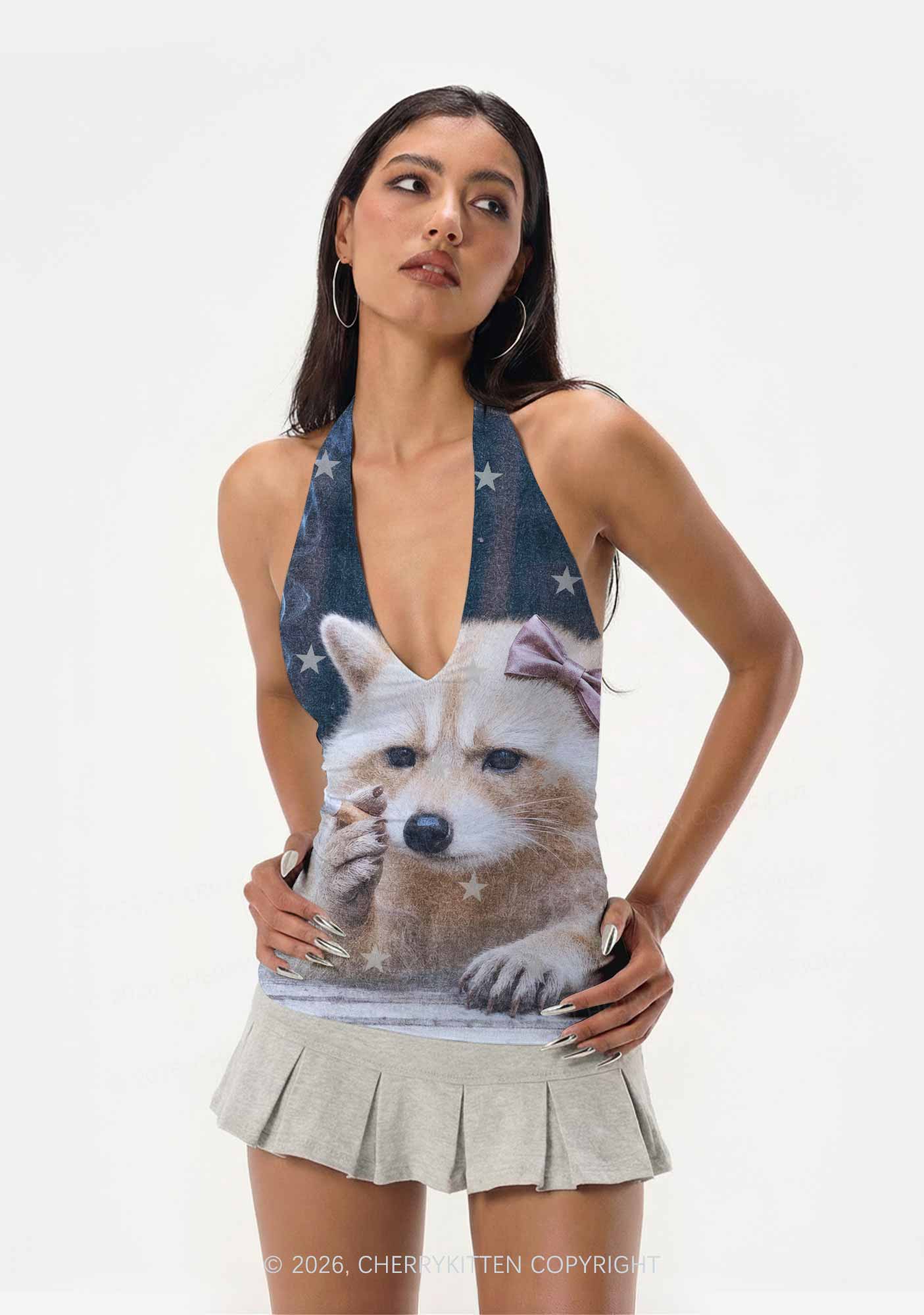 Pink Bow Smoking Raccoon Y2K Print Halter Deep V Neck Cami Cherrykitten