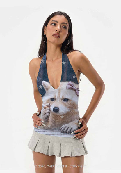 Pink Bow Smoking Raccoon Y2K Print Halter Deep V Neck Cami Cherrykitten