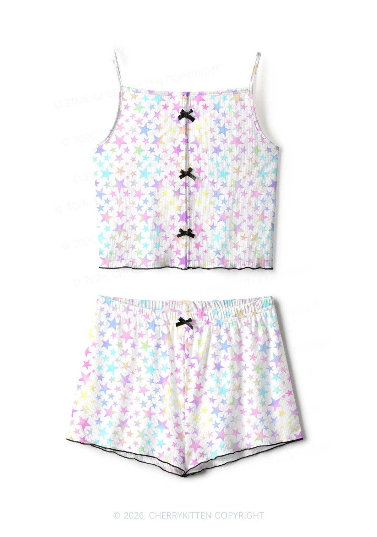 Rainbow Star On White Y2K Print Cami Shorts Pajama Set Cherrykitten