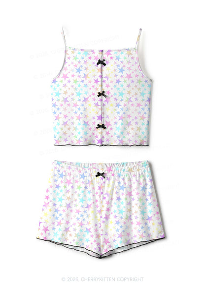Rainbow Star On White Y2K Print Cami Shorts Pajama Set Cherrykitten