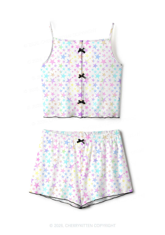 Rainbow Star On White Y2K Print Cami Shorts Pajama Set Cherrykitten