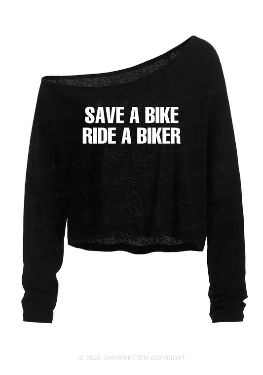 Save Bike Ride Biker Y2K Off Shoulder Long Sleeve Crop Top Cherrykitten