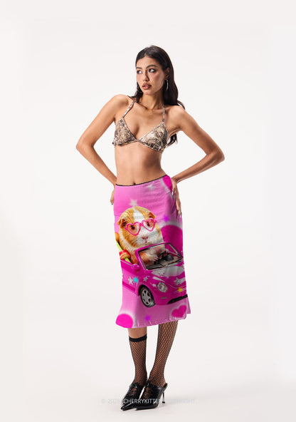 Pink Car Guinea Pig Y2K Print Midi Skirt Cherrykitten