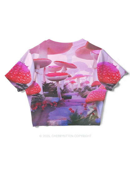 Pink Mushroom Y2K Mesh Crop Top Cherrykitten