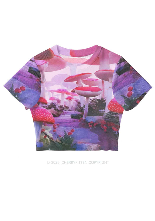 Pink Mushroom Y2K Mesh Crop Top Cherrykitten