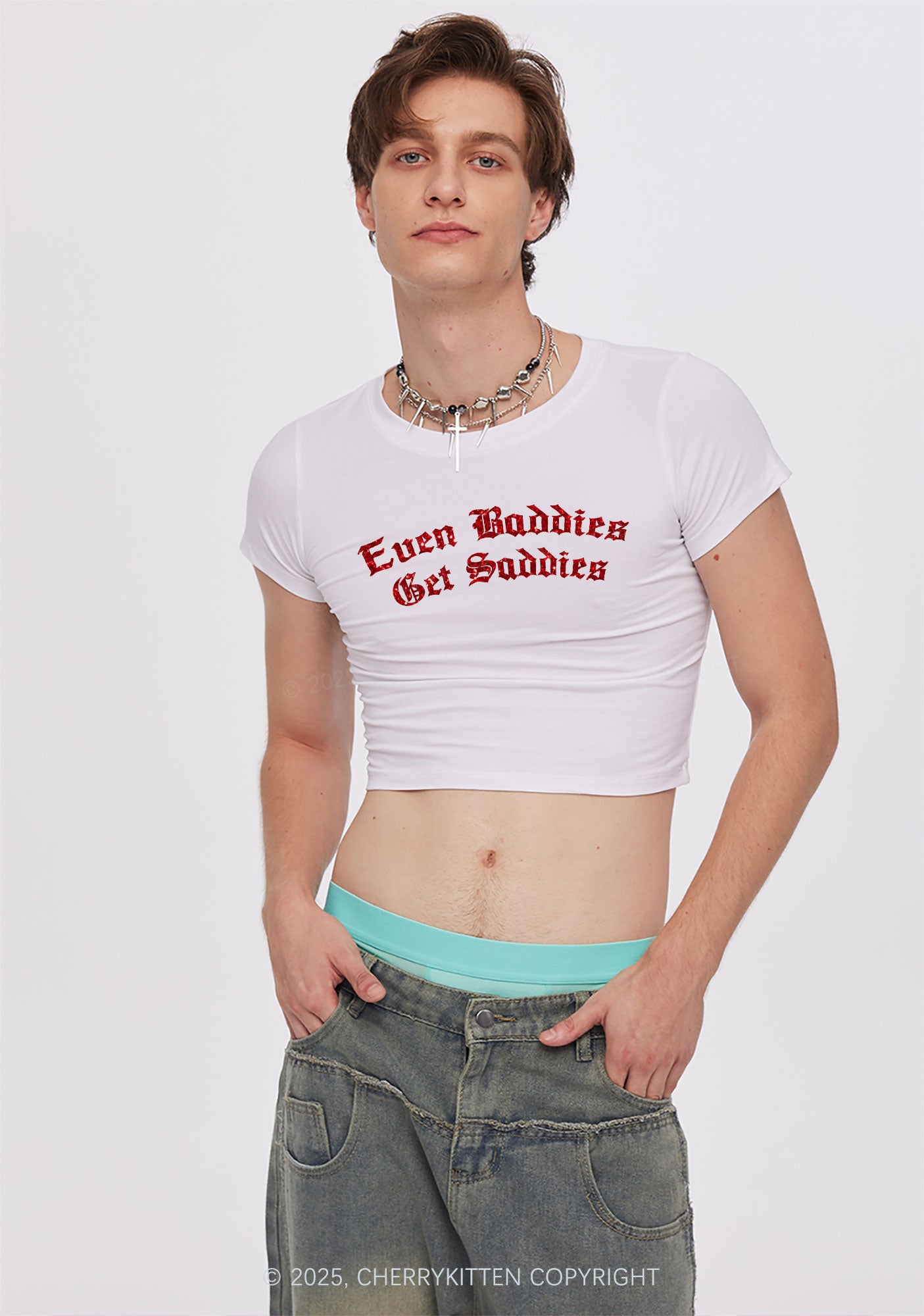Glitter Even Baddies Get Saddies Y2K Baby Tee Cherrykitten