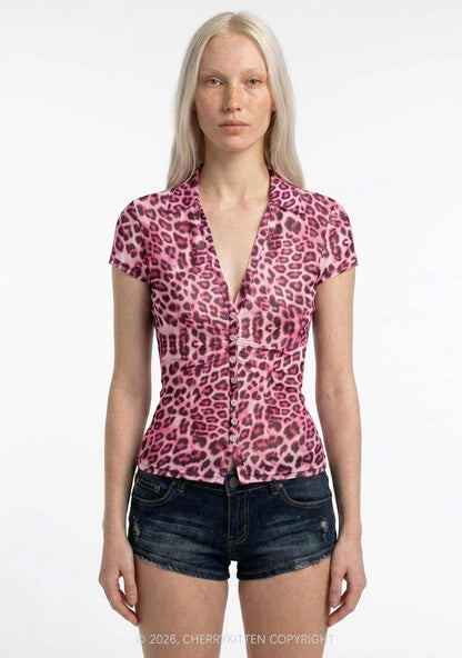 Pink Leopard Y2K Mesh Ruched Waist V Neck Top Cherrykitten