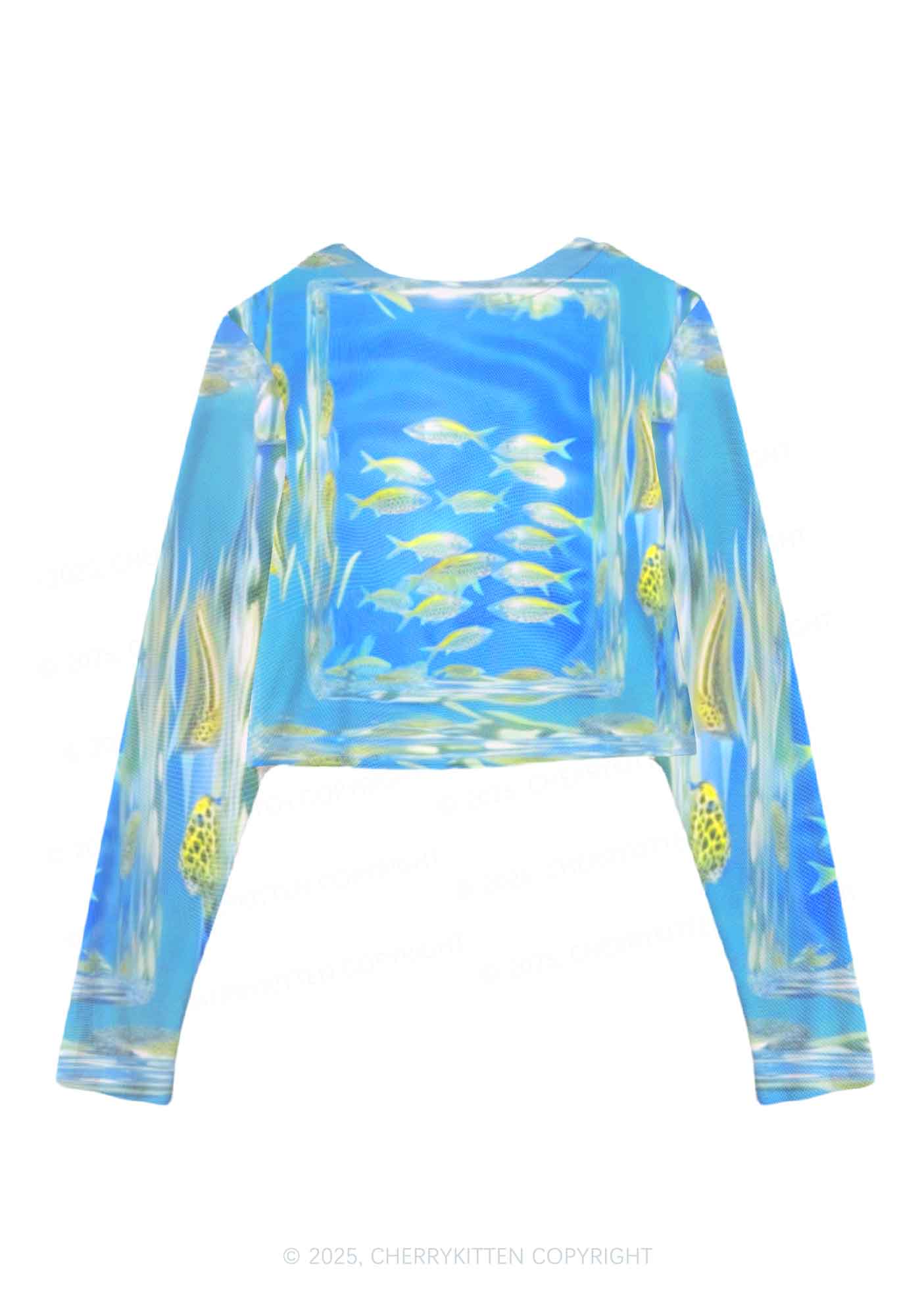 Undersea Fish Y2K Mesh Long Sleeve Crop Top Cherrykitten
