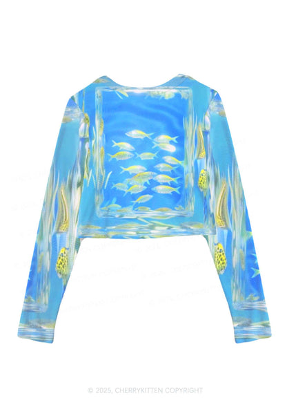 Undersea Fish Y2K Mesh Long Sleeve Crop Top Cherrykitten