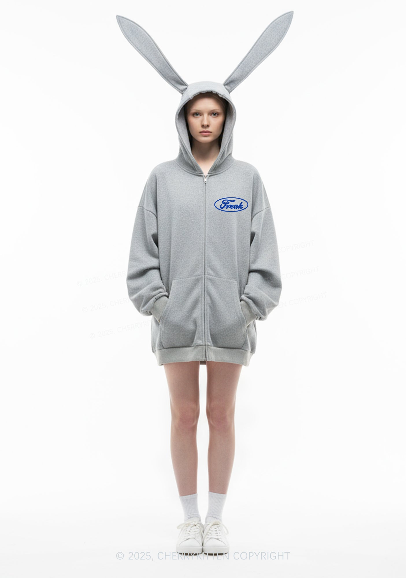 Oval Freak Y2K Bunny Ear Zip Hoodie Cherrykitten