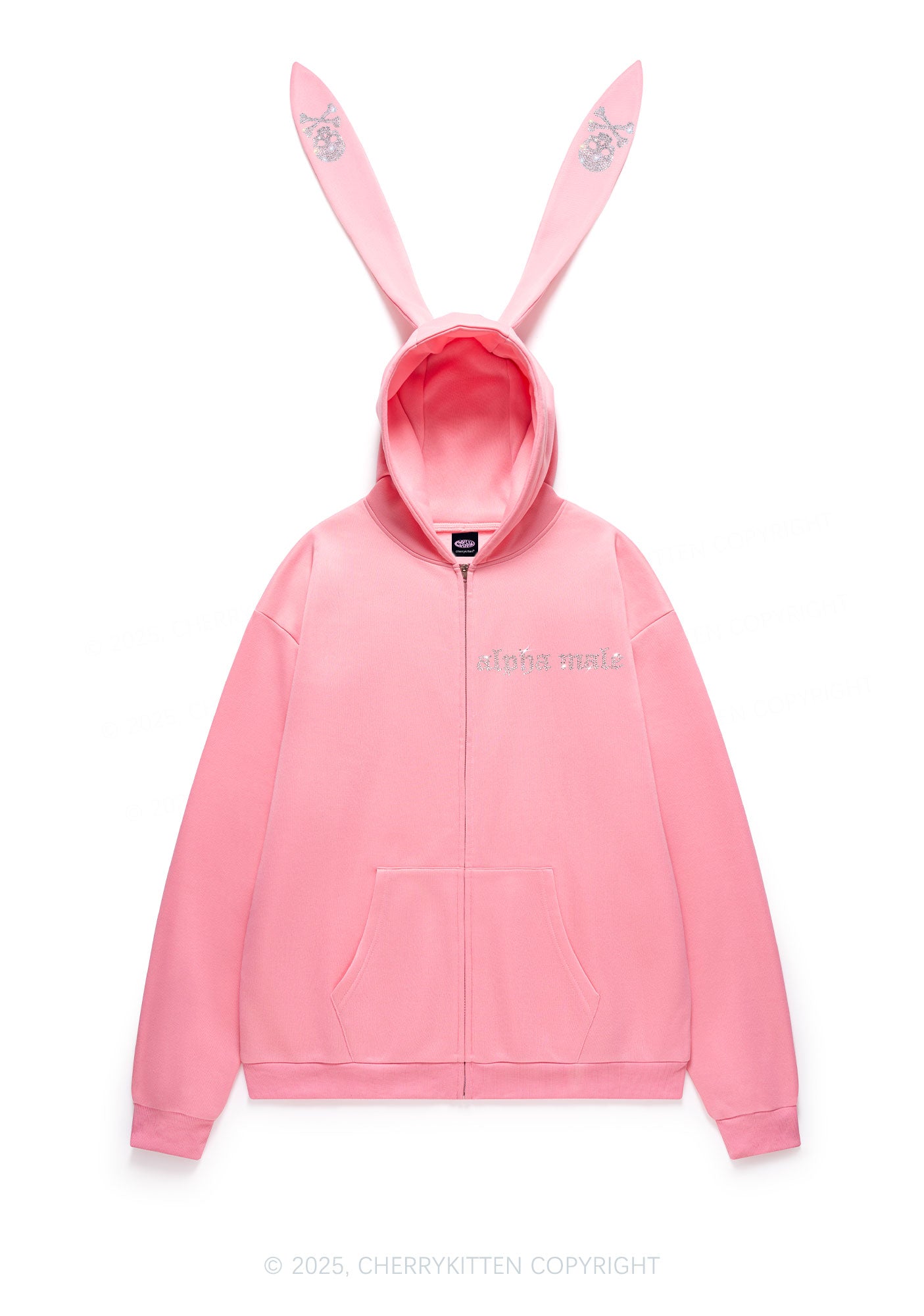 Rhinestone Alpha Male Skull Y2K Bunny Ear Zip Hoodie Cherrykitten