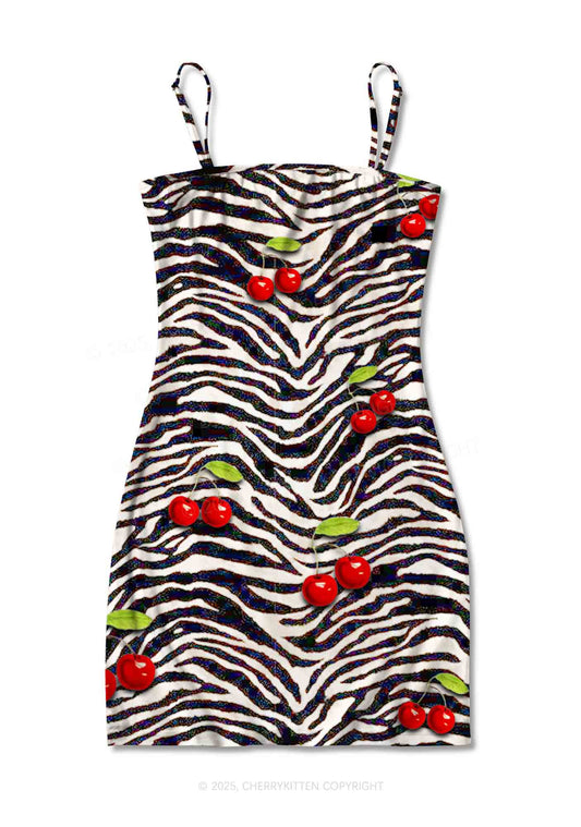 Zebra Cherry Y2K Print Slip Dress Cherrykitten