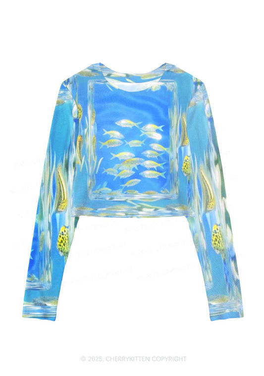 Undersea Fish Y2K Mesh Long Sleeve Crop Top Cherrykitten