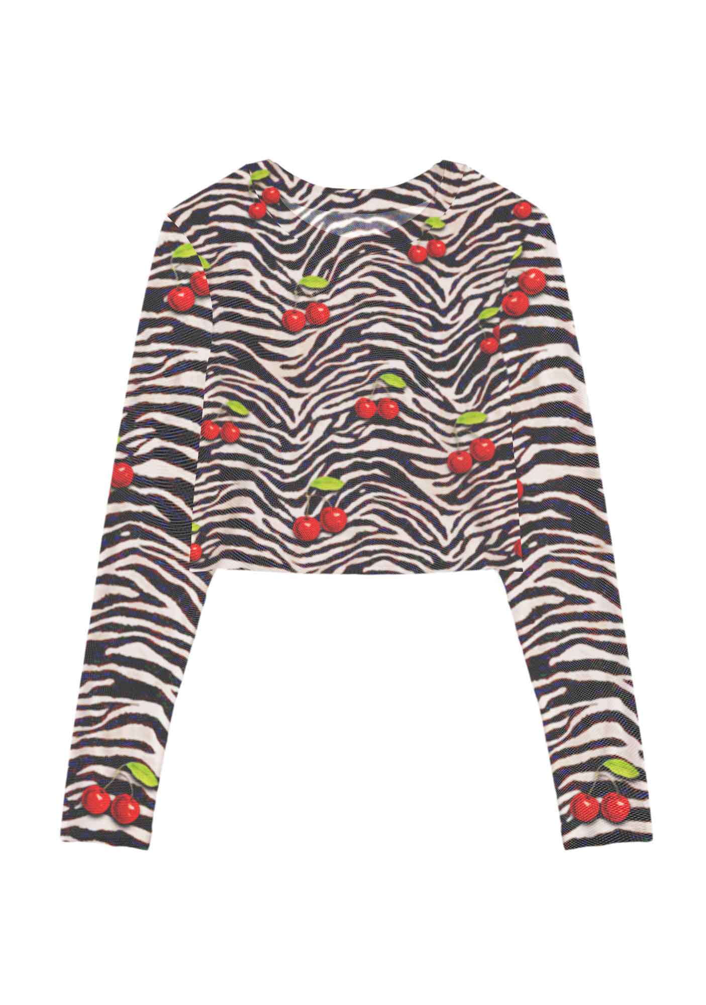 Zebra Cherry Y2K Mesh Long Sleeve Crop Top Cherrykitten