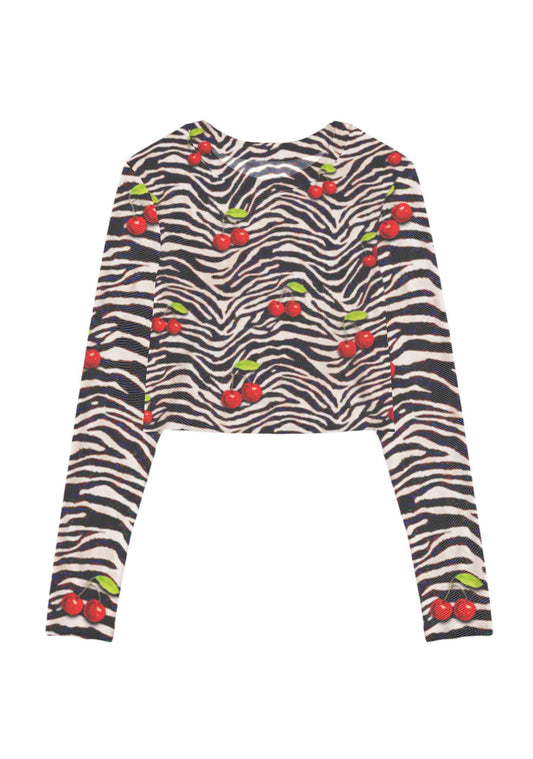 Zebra Cherry Y2K Mesh Long Sleeve Crop Top Cherrykitten