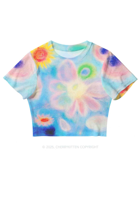 Flower Art Y2K Mesh Crop Top Cherrykitten