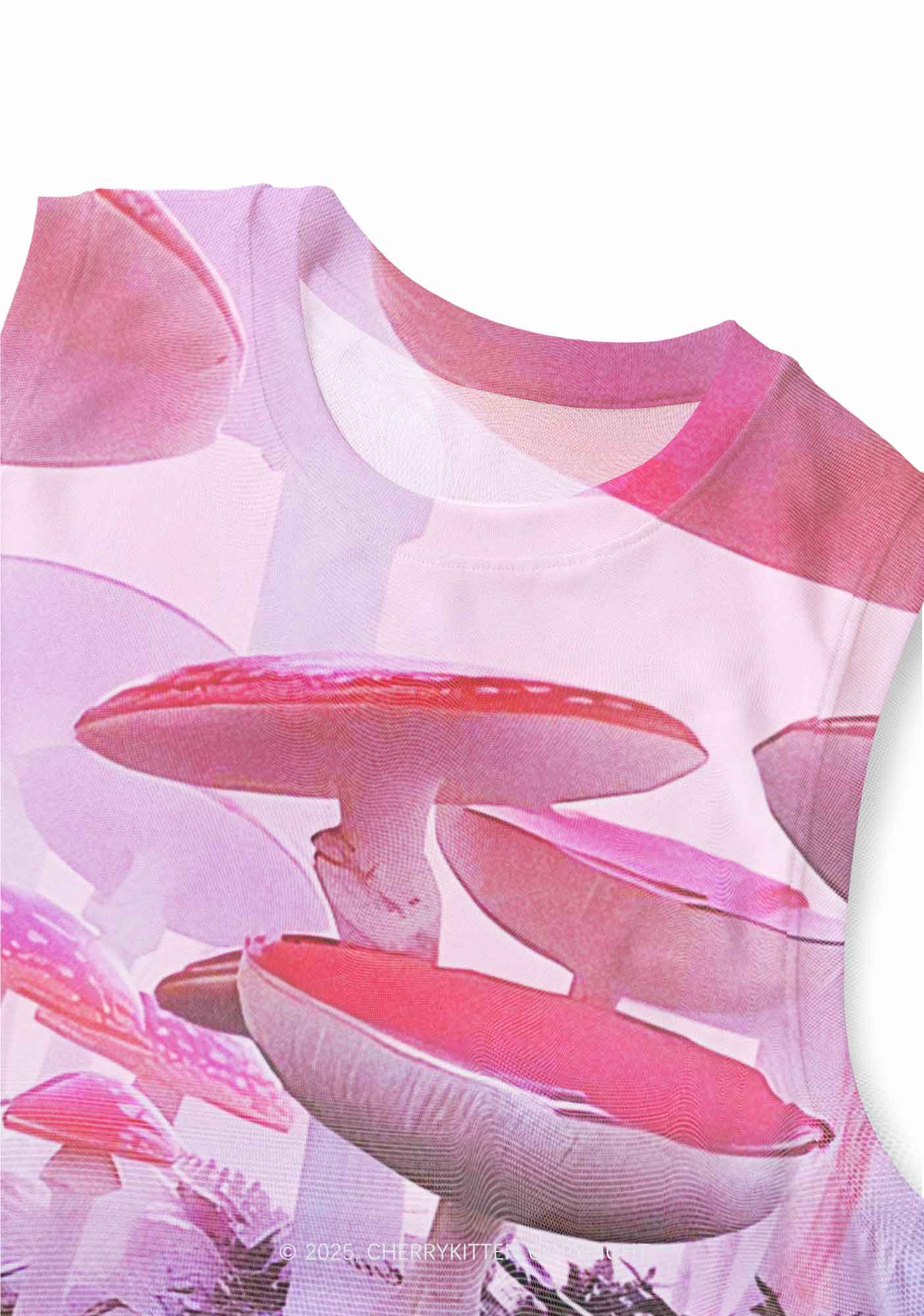 Pink Mushroom Y2K Mesh Muscle Tank Cherrykitten