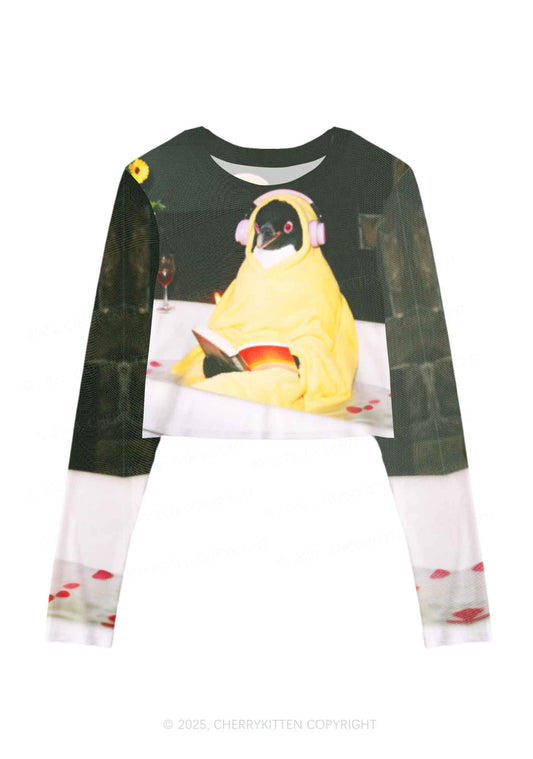 Penguin Bathing Y2K Mesh Long Sleeve Crop Top Cherrykitten