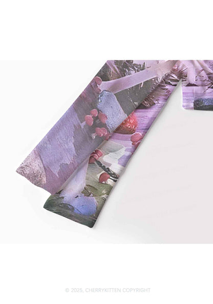 Pink Mushroom Y2K Mesh Long Sleeve Crop Top Cherrykitten