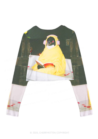 Penguin Bathing Y2K Mesh Long Sleeve Crop Top Cherrykitten