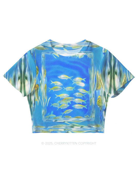 Undersea Fish Y2K Mesh Crop Top Cherrykitten