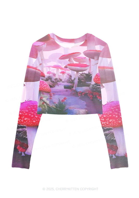 Pink Mushroom Y2K Mesh Long Sleeve Crop Top Cherrykitten