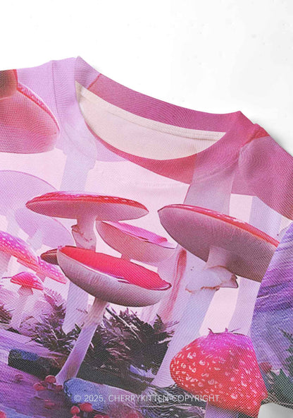 Pink Mushroom Y2K Mesh Crop Top Cherrykitten