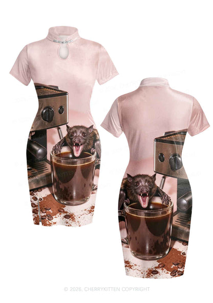 Halloween Bat Coffee Y2K Cheongsam Mini Dress Cherrykitten