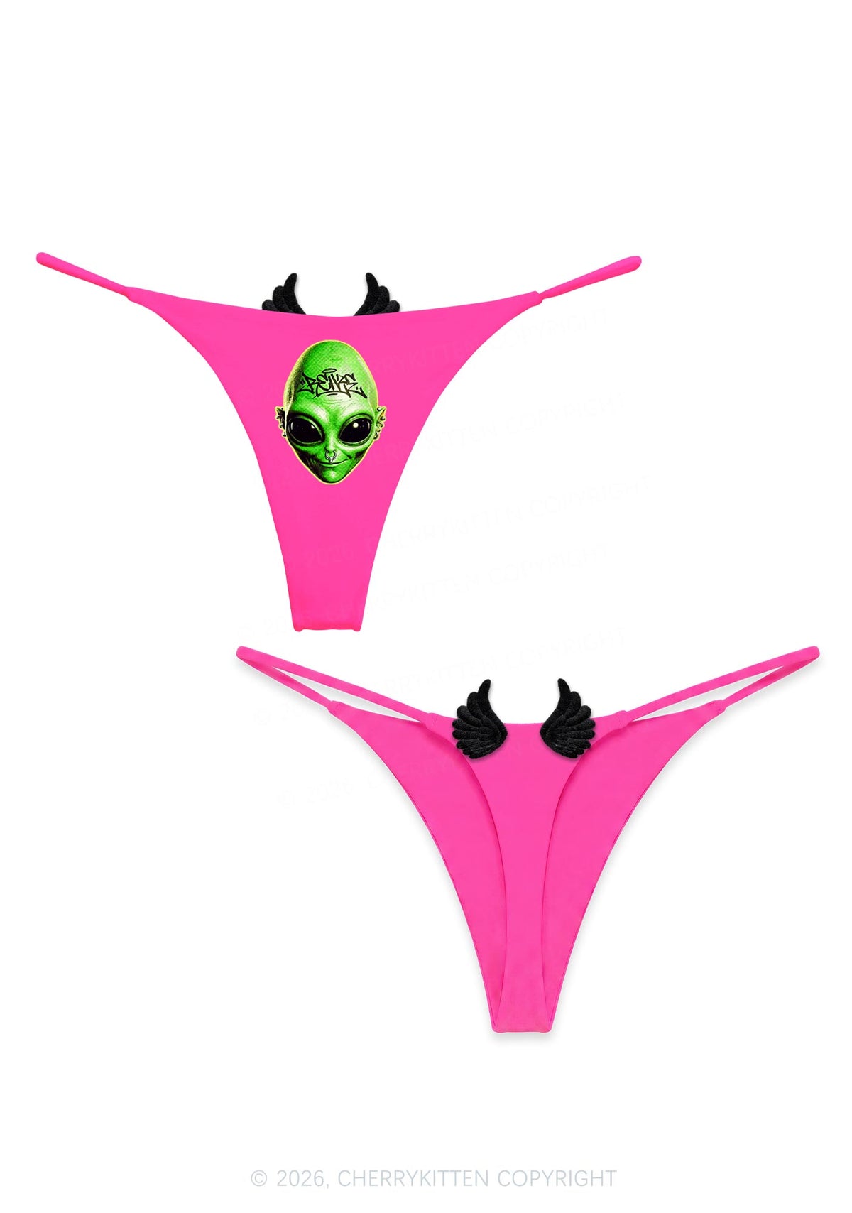 Halloween Green Alien Head Y2K Goth Angel Wings Bikini String Thong Cherrykitten