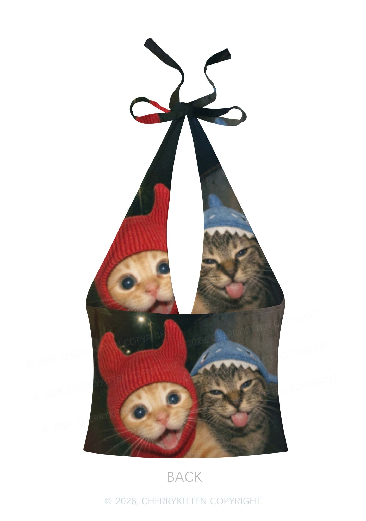 Halloween Devil Shark Hat Cat Y2K Print Halter Deep V Neck Cami Cherrykitten